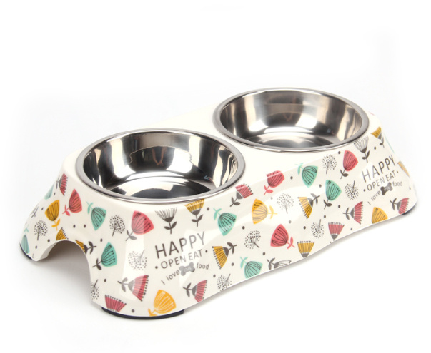 Stainless Steel and Melamine Designer Dog Pet Food Bowls for Dogs or Cats