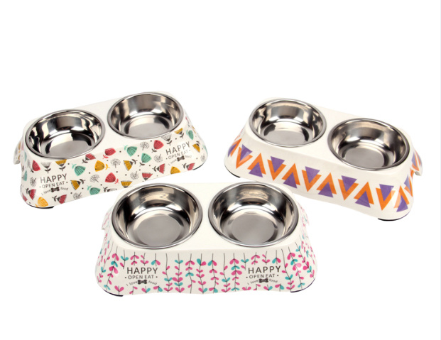 Stainless Steel and Melamine Designer Dog Pet Food Bowls for Dogs or Cats