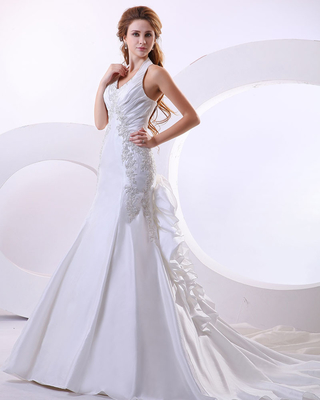 Un bon prix. Robes de mariage hérissées profondes sexy de longue queue de robes de mariage de cou de licou de V en ligne