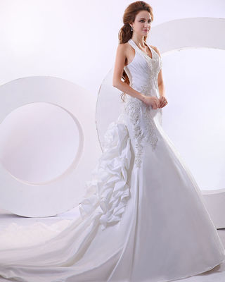 Sexy Deep V Halter Neck Wedding Dresses ruffled long tail Wedding Gowns