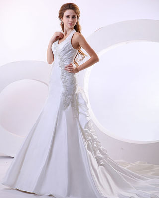 Sexy Deep V Halter Neck Wedding Dresses ruffled long tail Wedding Gowns