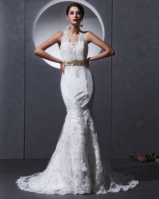 Harga yang bagus renda Deep V terbuka kembali Halter leher gaun pengantin putri duyung Slim gaun pengantin daring