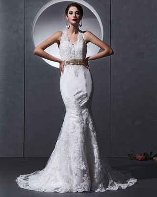 Ein guter Preis. Spinnlacke Tiefe V offene Rücken Halter Hals Hochzeitskleider Meerjungfrau Slim Hochzeitskleider online