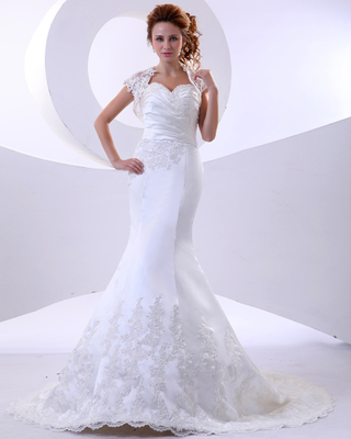 Ein guter Preis. Elegante Meerjungfrau Spitzenblume Halter Hals Hochzeitskleider mit kurzem Ärmel online