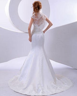 Elegant mermaid Lace flower Halter Neck Wedding Dresses with Short Sleeve