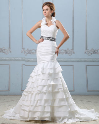 Sexy Open back layered Wedding Dress with belt , drop waist womens wedding gowns